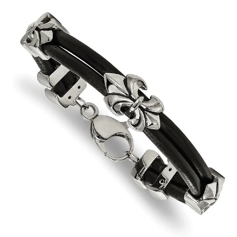 ladies bracelets monochrome-Stainless Steel Polished Antiqued Fleur De Lis Black Leather Bracelet