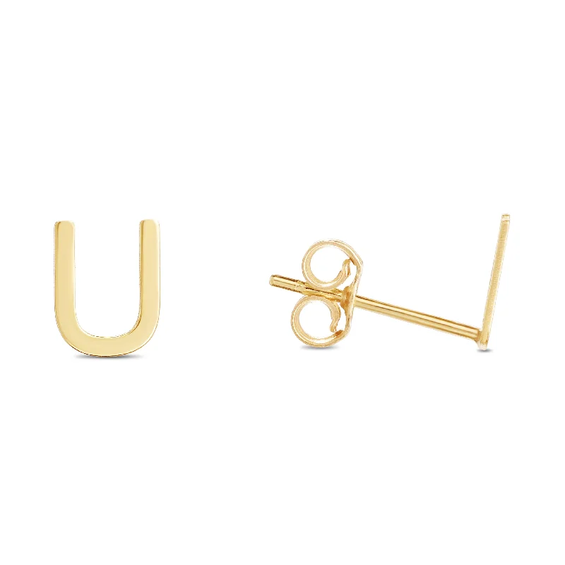 Ladies earrings hypoallergenic material -14K Gold Initial U Stud Earring