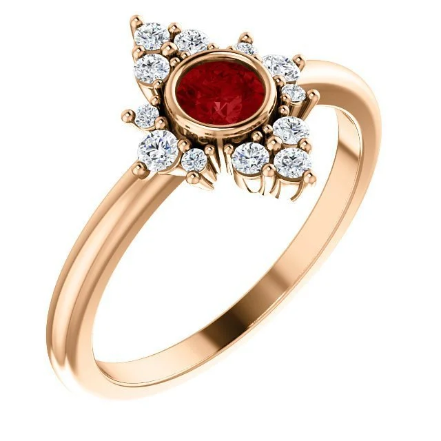 Ladies rings mandala pattern -14KT GOLD 0.35 CT RUBY & 1/5 CTW DIAMOND BEZEL HALO RING