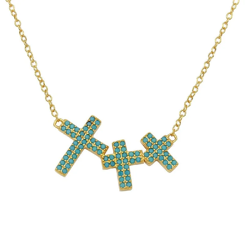 ladies necklaces cross-Gold Plated 925 Sterling Silver Side By Side 3 Crosses Turquoise Stones Necklace - STP01548GP