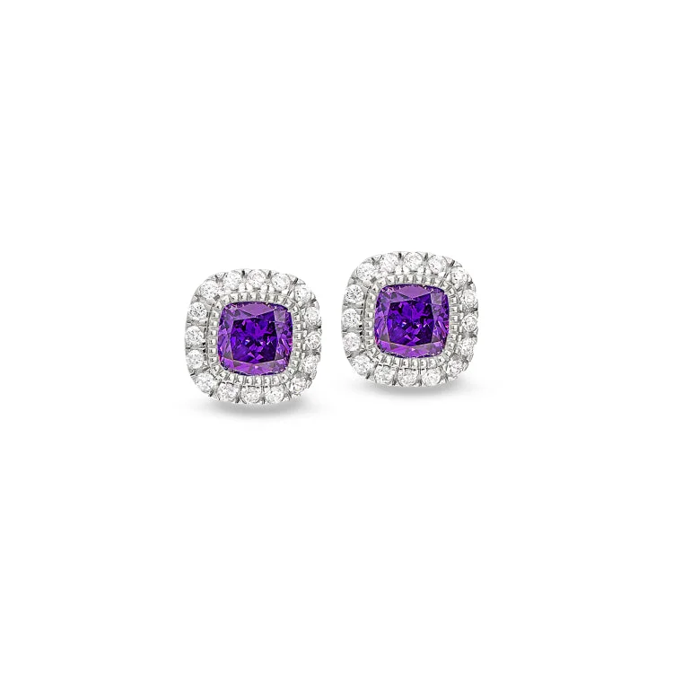 Ladies earrings delicate drop -Platinum Finish Sterling Silver Micropave Simulated Amethyst Earrings with Simulated Diamonds