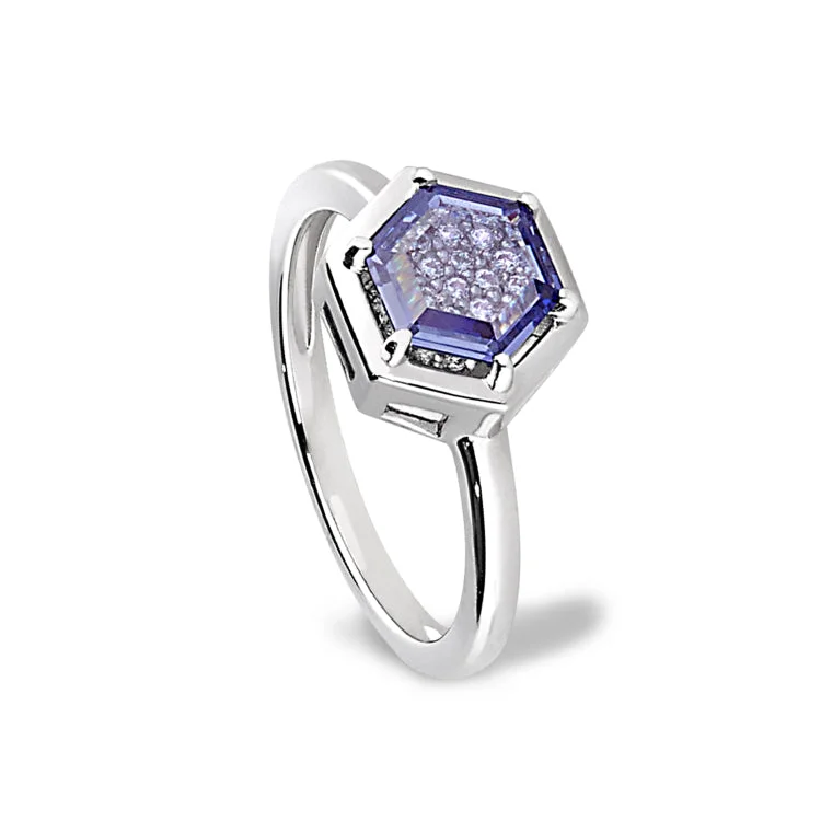 Ladies rings emerald green -Platinum Finish Sterling Silver Flat Hexagon Synthetic Tanzanite Ring with Simulated Diamonds - Size 6