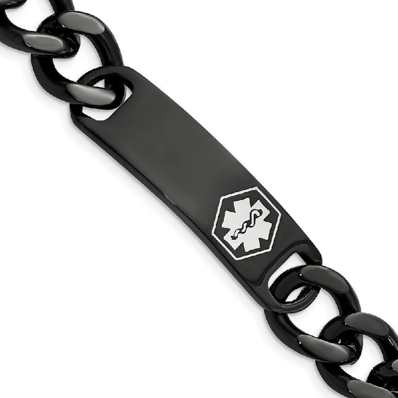 ladies bracelets swarovski-Stainless Steel Polished Black IP w/White Enamel 8.25in MED ID Bracelet