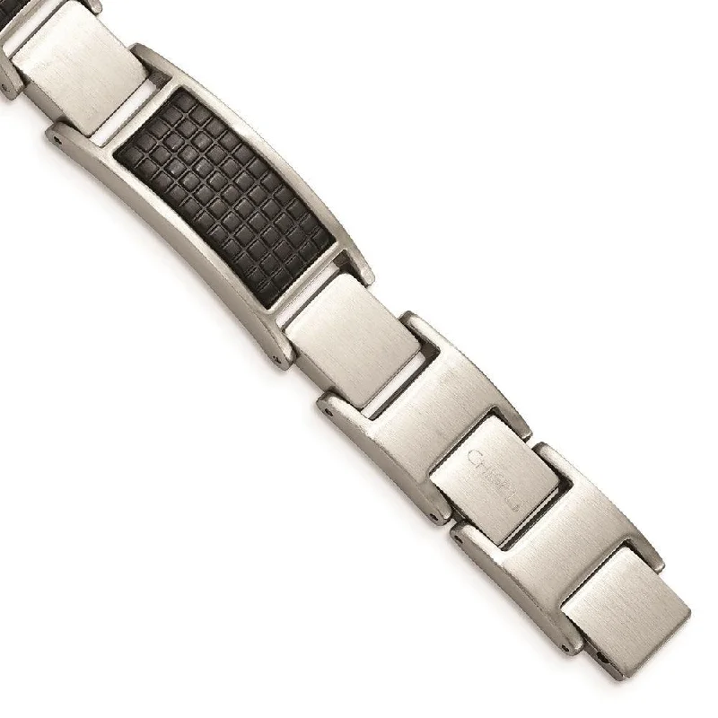 ladies bracelets white-Stainless Steel Brushed Black IP Textured Link w/.50in ext. Bracelet