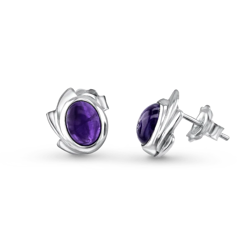 Ladies earrings lotus flower -Amethyst and Silver Stud Earrings