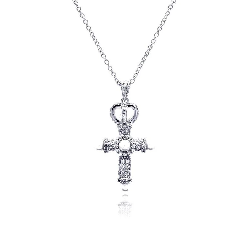 ladies necklaces organizer-Silver 925 Rhodium Plated Cross Crown CZ Center Pearl Necklace - BGP00377