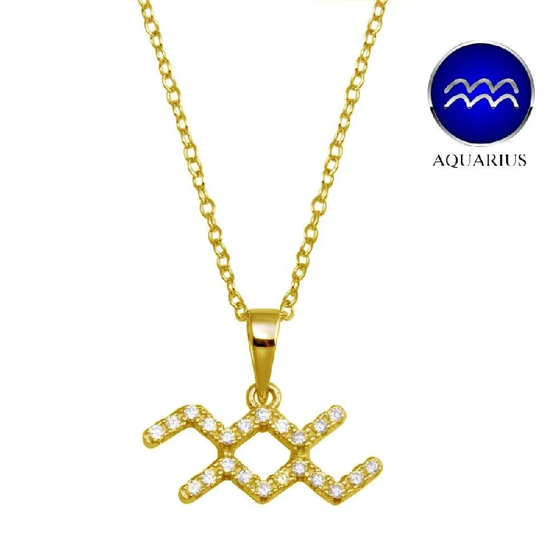 ladies necklaces colorful stones-Gold Plated 925 Sterling Silver Aquarius CZ Zodiac Sign Necklace - BGP01328GP