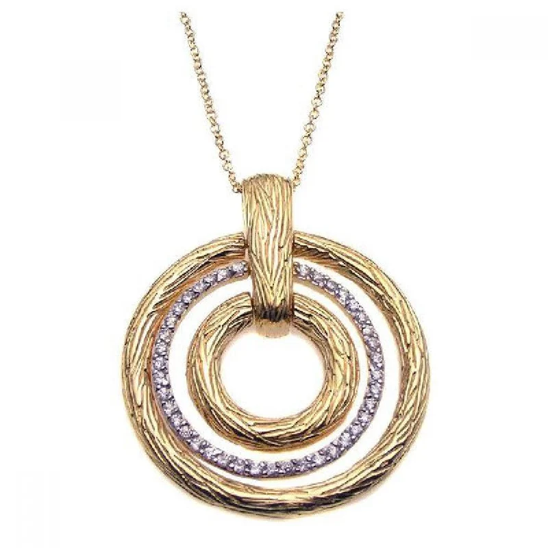 ladies necklaces red-Clearance-Silver 925 Gold Plated Clear CZ Triple Circle Pendant Necklace - STP00923