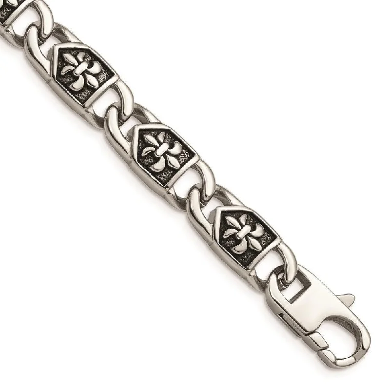 ladies bracelets gift-Stainless Steel Polished/Antiqued Fleur de Lis Bracelet