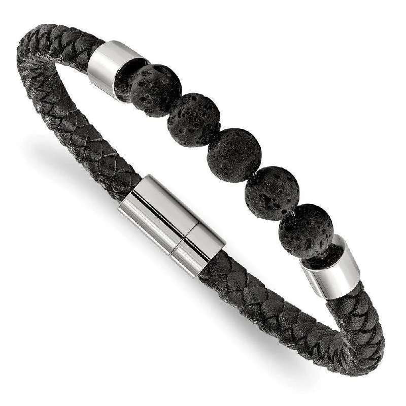 ladies bracelets white gold-Stainless Steel Polished Black Leather w/Lava Stones 8.75 inch Bracelet