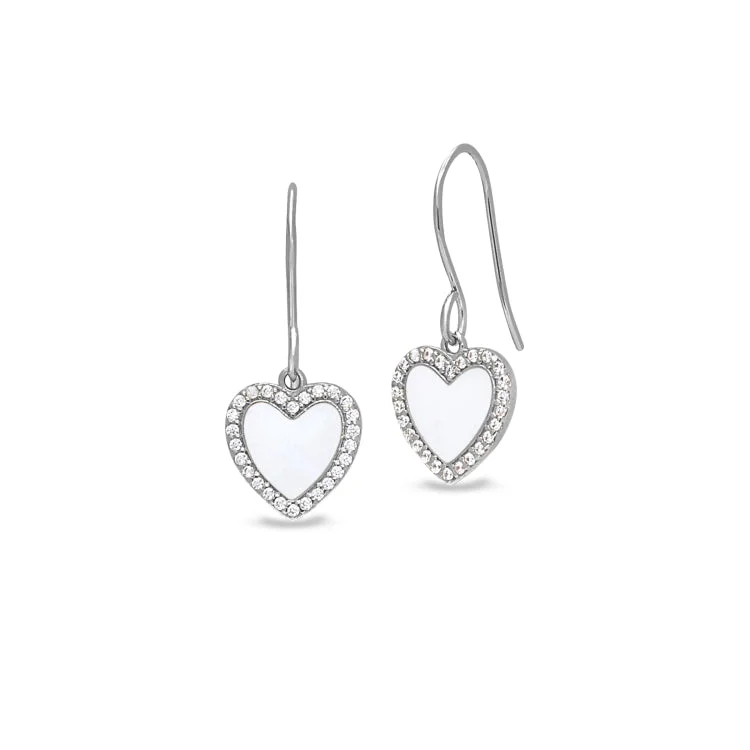 Ladies earrings cork design -Gold Vermeil Sterling Silver Micropave White Enamel Heart Earrings with Simulated Diamonds