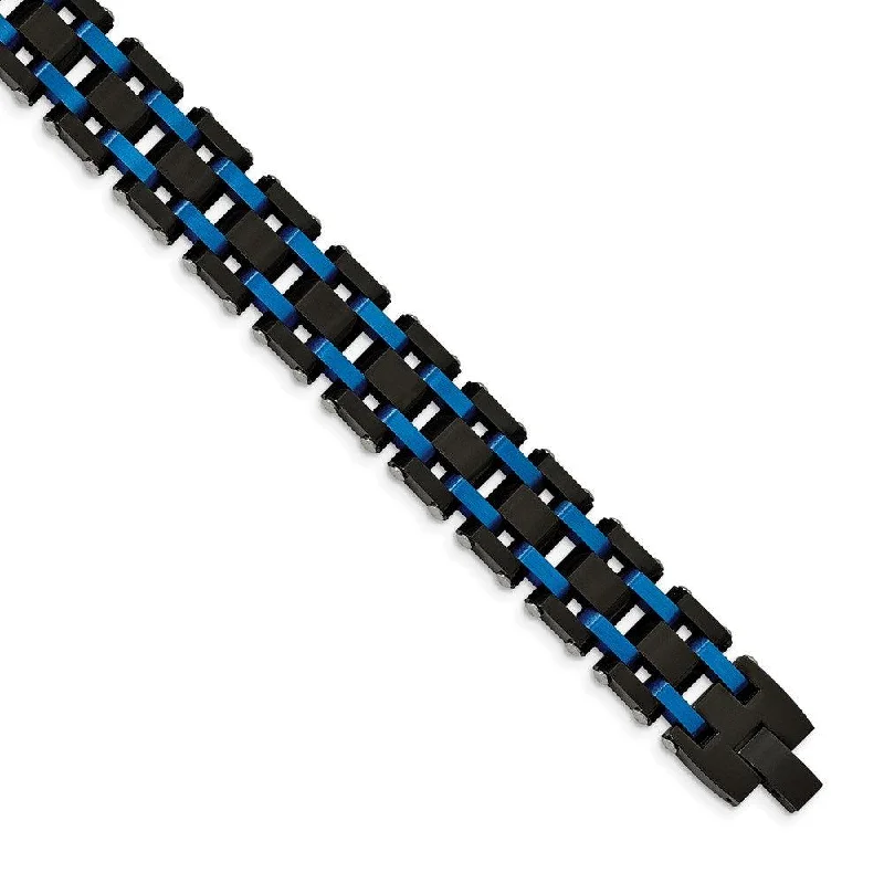 ladies bracelets pearl-Stainless Steel Brushed and Polished Black/Blue IP-plated 8.5in Bracelet