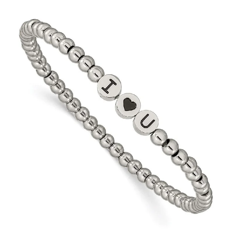 ladies bracelets chakra-Stainless Steel Antiqued and Polished I HEART U Stretch Bracelet