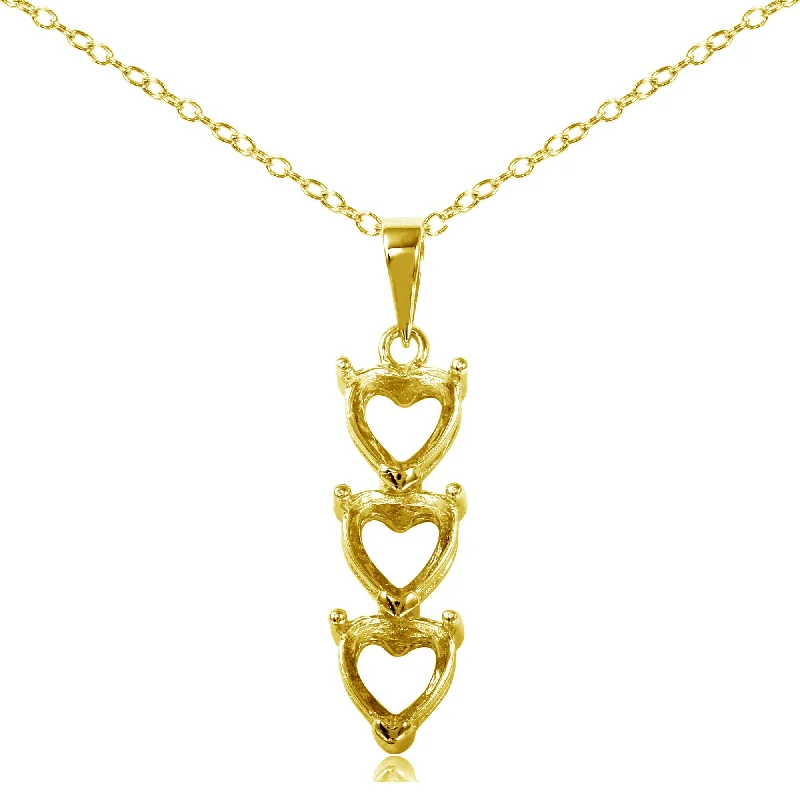 ladies necklaces geometric-Gold Plated 925 Sterling Silver Personalized 3 Heart Drop Mounting Necklace - BGP00780GP