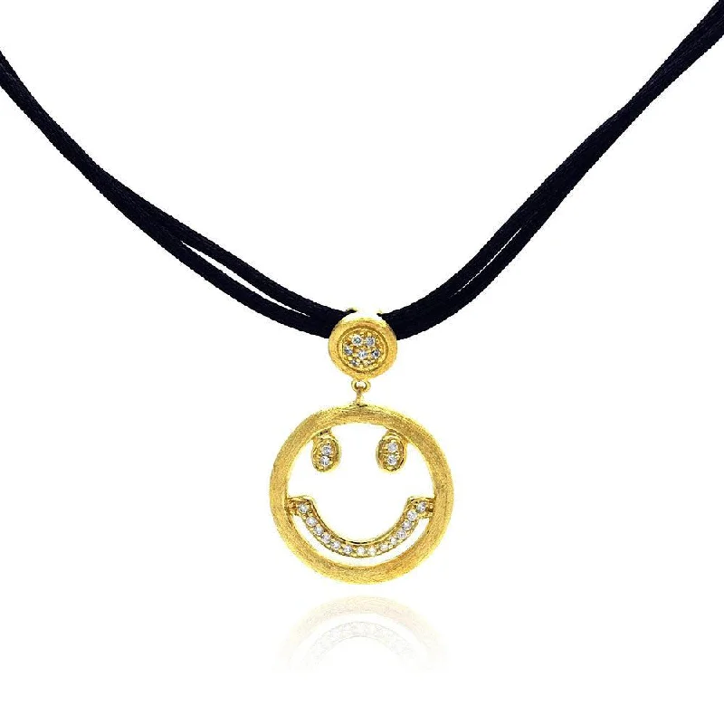 ladies necklaces white-Clearance-Silver 925 Gold Plated Clear CZ Smile Pendant Leather Necklace - STP01052