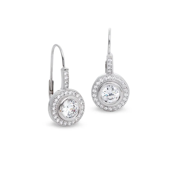 Ladies earrings hawaiian design -Platinum Finish Sterling Silver Micropave Round Lever Back Earrings with 27 Simulated Diamonds