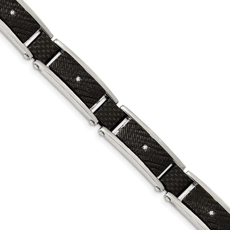 ladies bracelets mother’s day-Stainless Steel Polished Blk IP w/CZ and Black Carbon Fiber 8.75in Bracelet