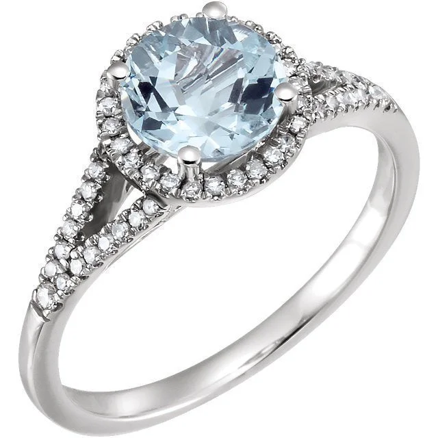 Ladies rings pastel tones -14KT WHITE GOLD 1.60 CT AQUAMARINE & 1/6 CTW DIAMOND HALO RING