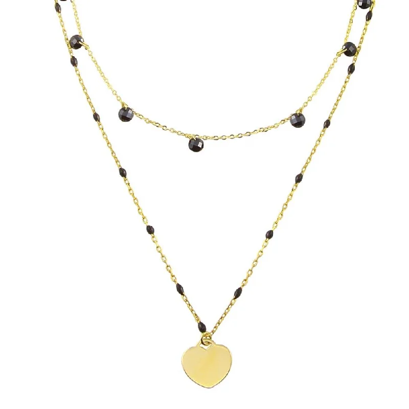 ladies necklaces modern twist-Gold Plated 925 Sterling Silver Multi Chain Black CZ Enamel Beaded Heart Necklace - ECN00063GP