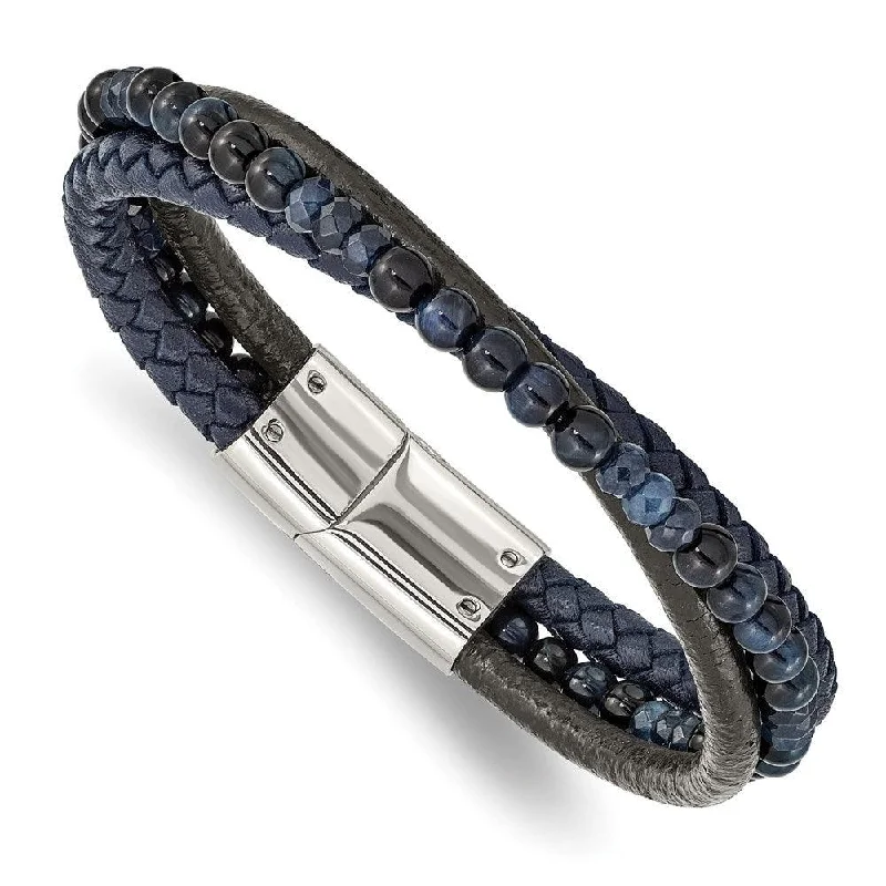 ladies bracelets zodiac-Stainless Steel Polished with Blue Chalcedony/Tiger's Eye Leather Bracelet