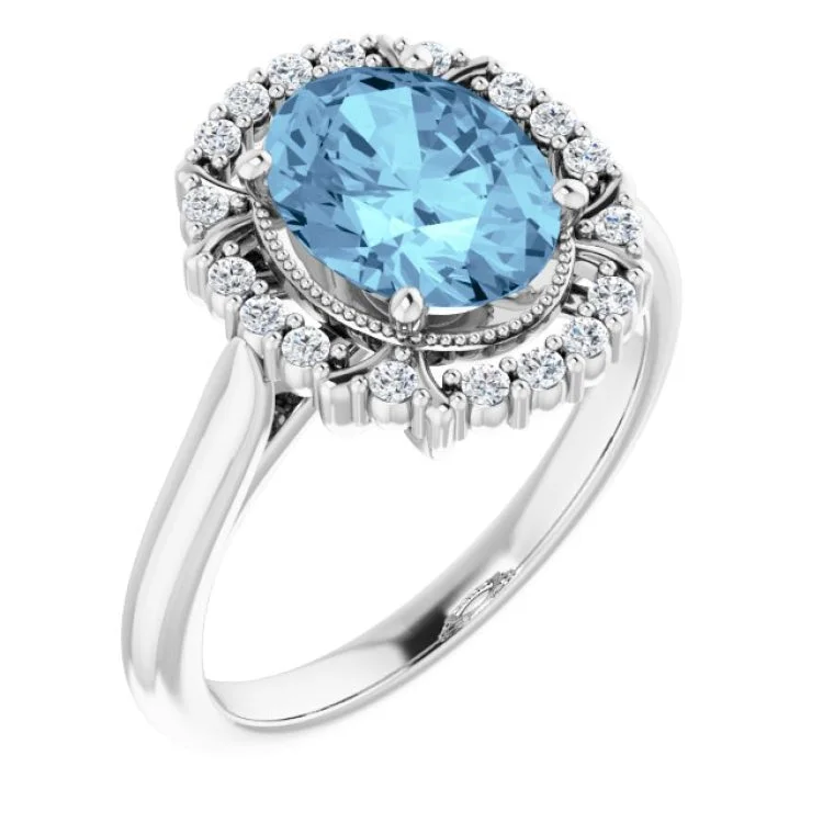 Ladies rings red carpet -14K White Natural Aquamarine & 1/6 CTW Natural Diamond Ring