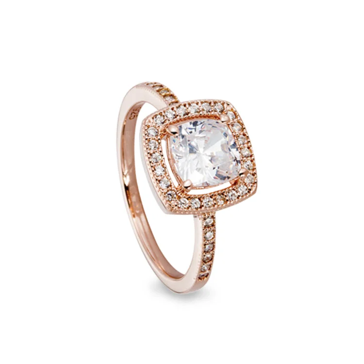 Ladies rings sweet sixteen -Rose Gold Finish Sterling Silver Micropave Cushion Cut Ring with 37 Simulated Diamonds