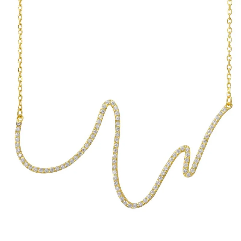 ladies necklaces estate-Gold Plated 925 Sterling Silver Wave Design with CZ Necklace - BGP01161GP