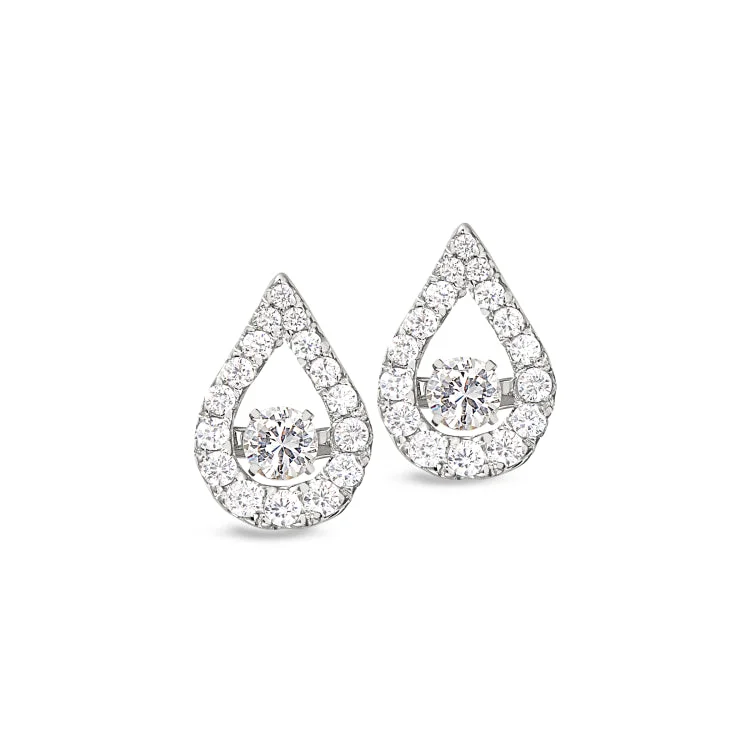 Ladies earrings holiday gift -Platinum Finish Sterling Silver Micropave Dancing Stone Teardrop Earrings with Simulated Diamonds