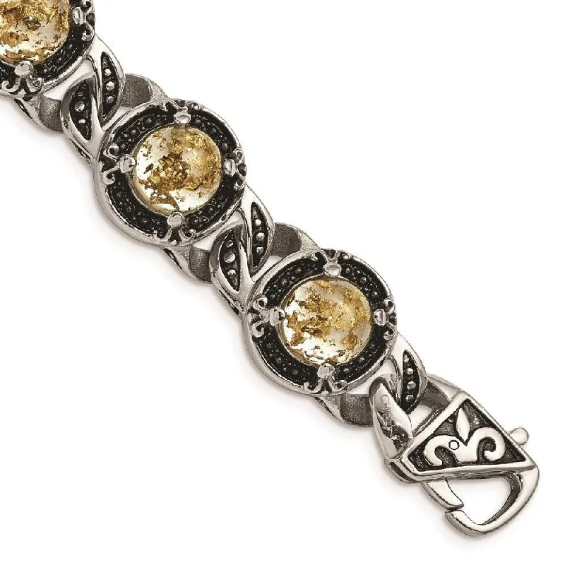 ladies bracelets link-Stainless Steel Polished Antiqued Epoxy Resin w/Gold Tin Bracelet