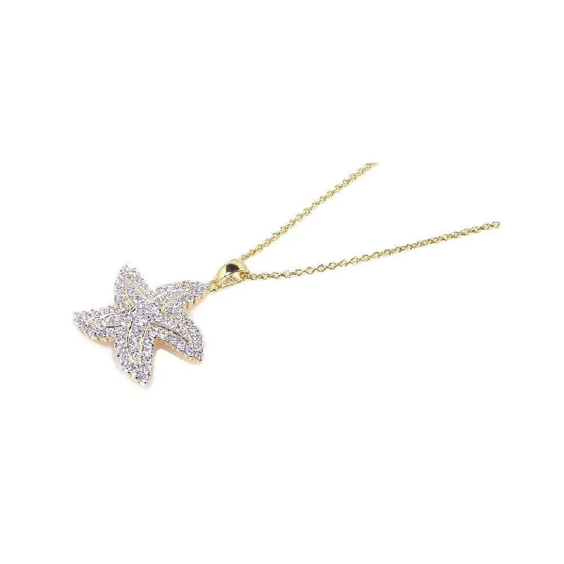 ladies necklaces onyx-Silver 925 Gold Plated Clear CZ Starfish Pendant Necklace - STP00682