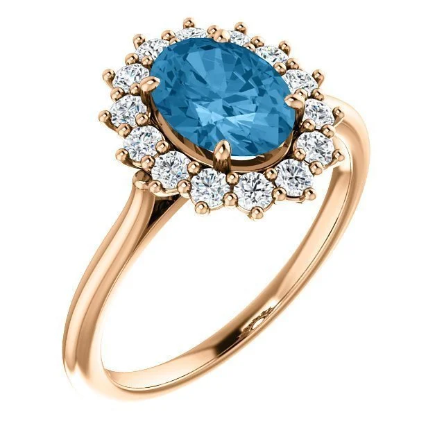 Ladies rings cactus stone -14KT GOLD 1.60 CT SWISS BLUE TOPAZ & 3/8 CTW DIAMOND OVAL HALO RING