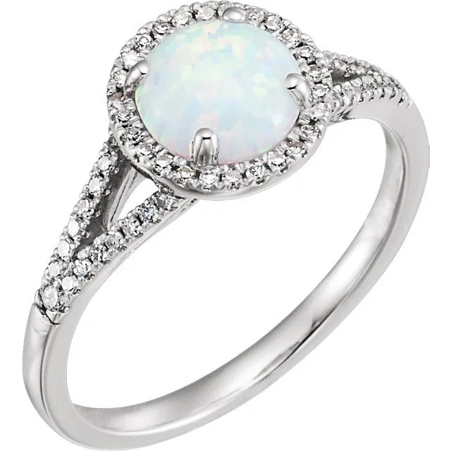 Ladies rings vegan leather -14KT WHITE GOLD LAB CREATED OPAL & 1/6 CTW DIAMOND HALO RING