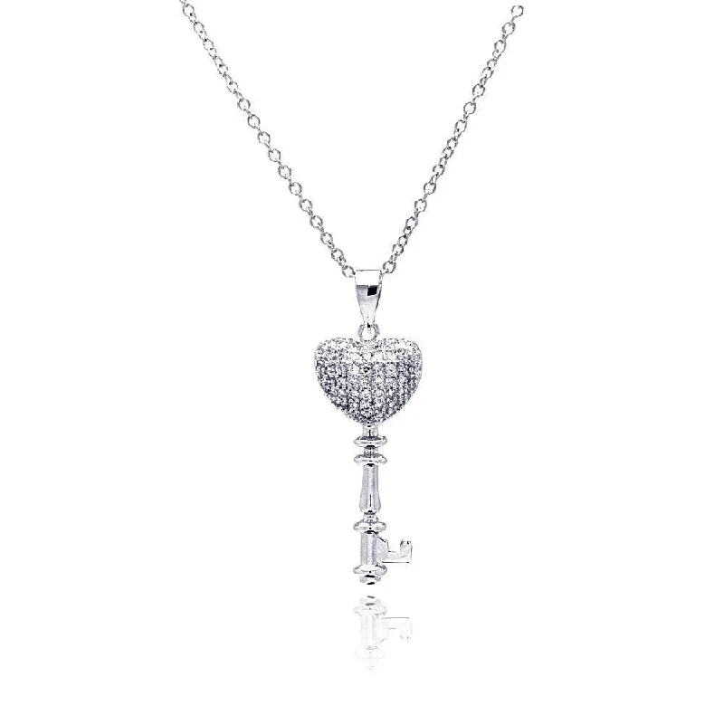 ladies necklaces patterned-Silver 925 Rhodium Plated Heart Key CZ Necklace - BGP00366