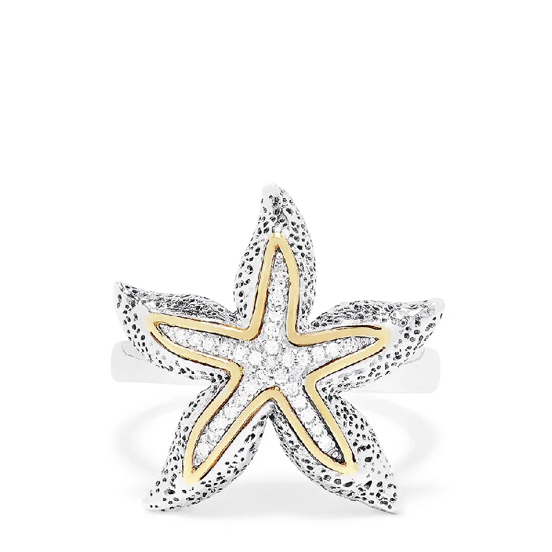 Ladies rings autumn tones -Sterling Silver & 18K Gold Accented Diamond Starfish Ring, 0.10 TCW