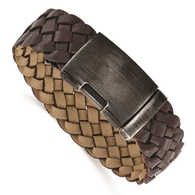 ladies bracelets green-Stainless Steel Antiqued and Brushed Brown Braided Leather 9in Bracelet