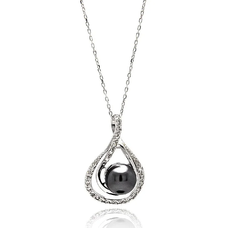 ladies necklaces display-Silver 925 Rhodium Plated Double Open Teardrop CZ Black Center Pearl Necklace - BGP00574