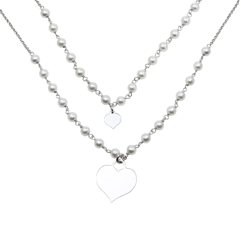 ladies necklaces recycled-Rhodium Plated 925 Sterling Silver Double Chain Synthetic Pearl and Heart Pendant Necklace - ECN00034RH