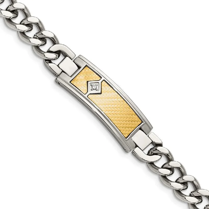 ladies bracelets textured-Stainless Steel w/18k Polished Weave Textured Diamond ID Bracelet