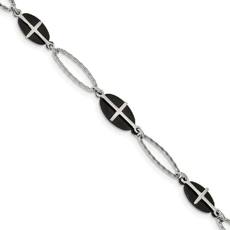 ladies bracelets peace-Stainless Steel Polished Black IP-plated 7in w/1in ext. Cross Bracelet