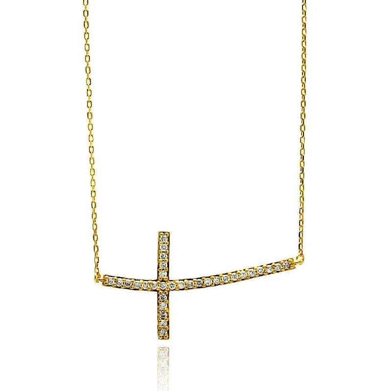 ladies necklaces black-Silver 925 Gold Plated Sideways Cross CZ Necklace - BGP00670