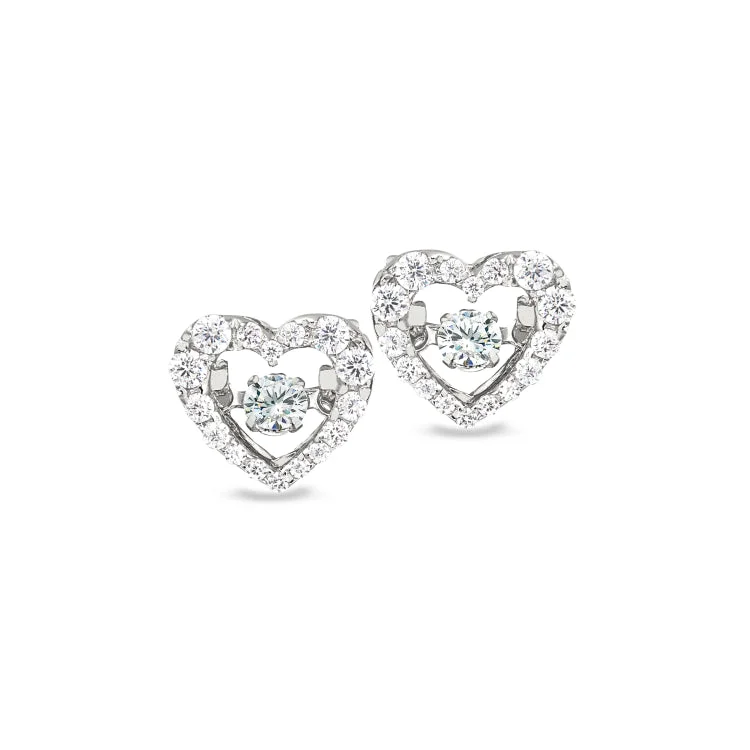 Ladies earrings bollywood flair -Platinum Finish Sterling Silver Micropave Dancing Stone Heart Earrings with Simulated Diamonds