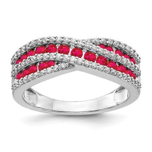 Ladies rings eco friendly -14KT White Gold Diamond & Ruby Criss Cross Ring