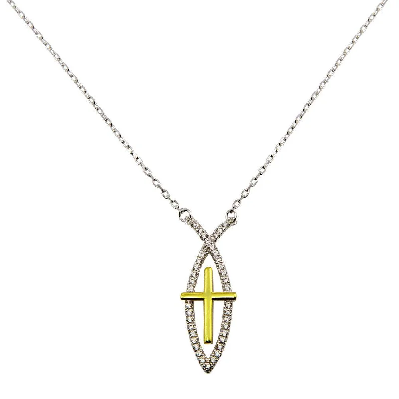 ladies necklaces unity-Rhodium Plated 925 Sterling Silver CZ Fish Sign with Gold Plated Cross Necklace - BGP01242