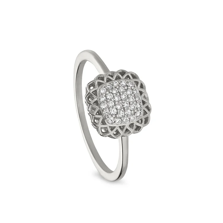 Ladies rings artisan crafted -Platinum Finish Sterling Silver Micropave Pillow with Filigree Edge Ring with Simulated Diamonds