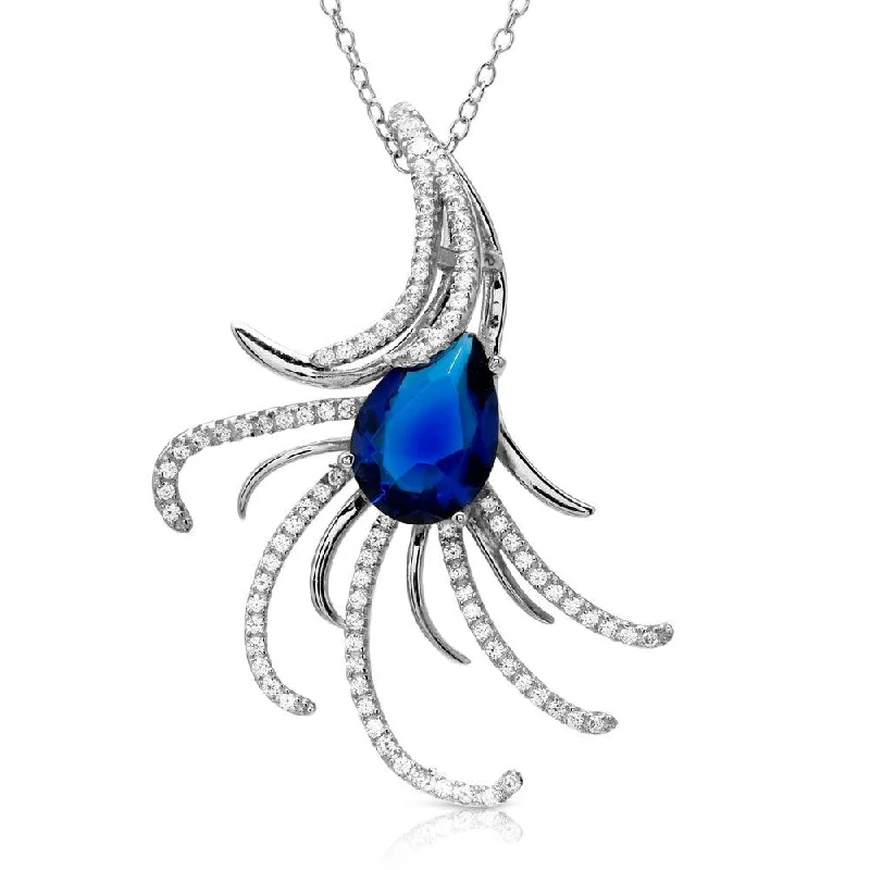 ladies necklaces long lasting-Rhodium Plated 925 Sterling Silver Swirl CZ Necklace with Blue Pearl CZ - BGP01173