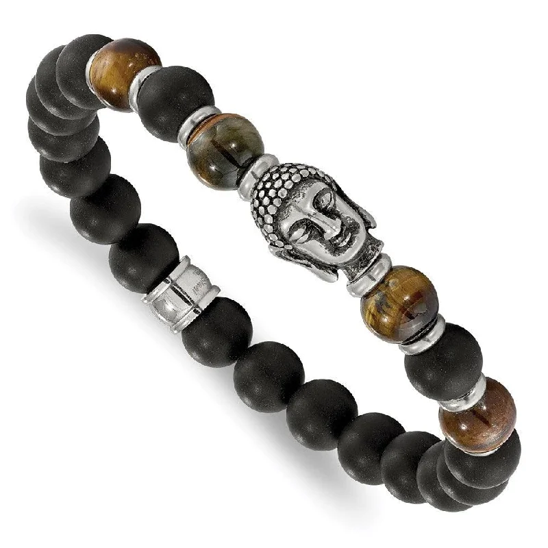 ladies bracelets turquoise-Stainless Steel Buddha Black Agate Tiger Eye Beaded Stretch Bracelet