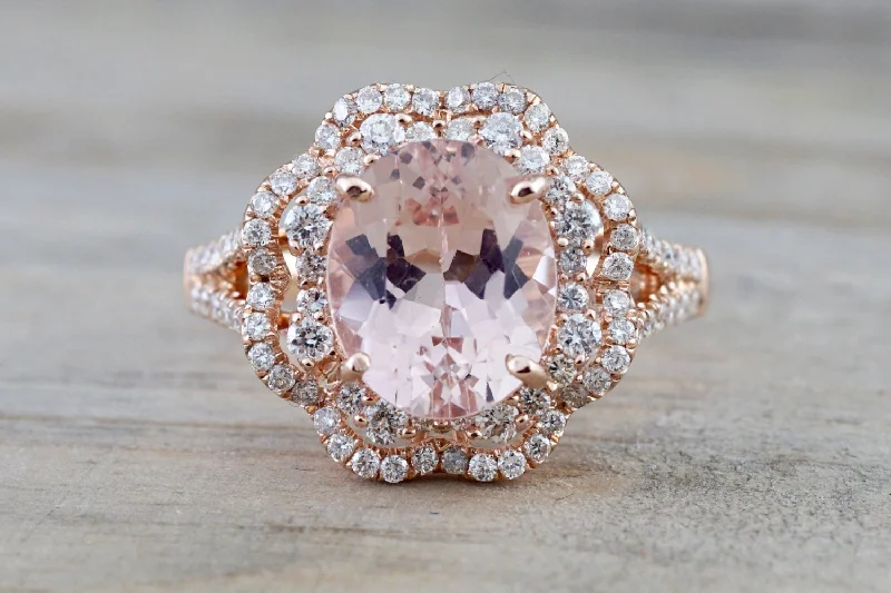 Ladies engagement rings butterfly accent -14k Rose Gold Oval Morganite Diamond Double Halo Engagement Ring Vintage Crown Dainty