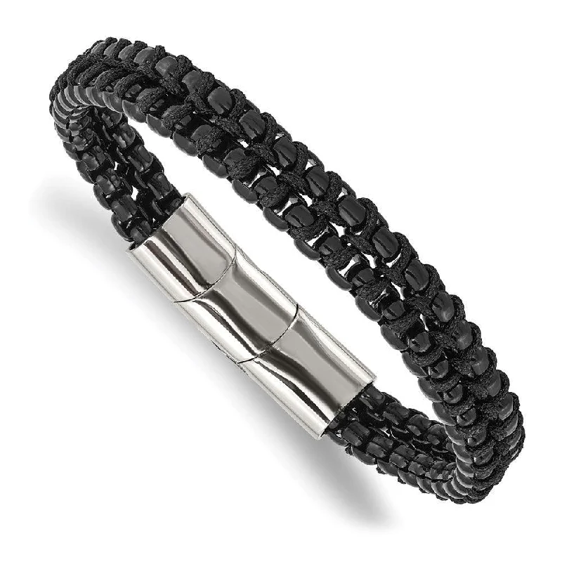 ladies bracelets layered-Stainless Steel Polished Black IP w/Black Cotton w/.5in ext. 8.5in Bracelet