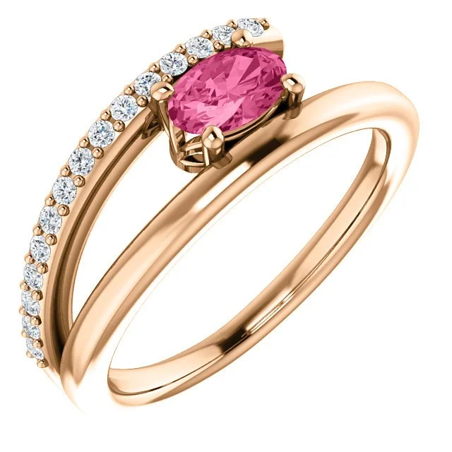 Ladies rings 1950s vintage -14KT Gold 1/2 CT Pink Tourmaline & 1/8 CTW Diamond Bypass Ring