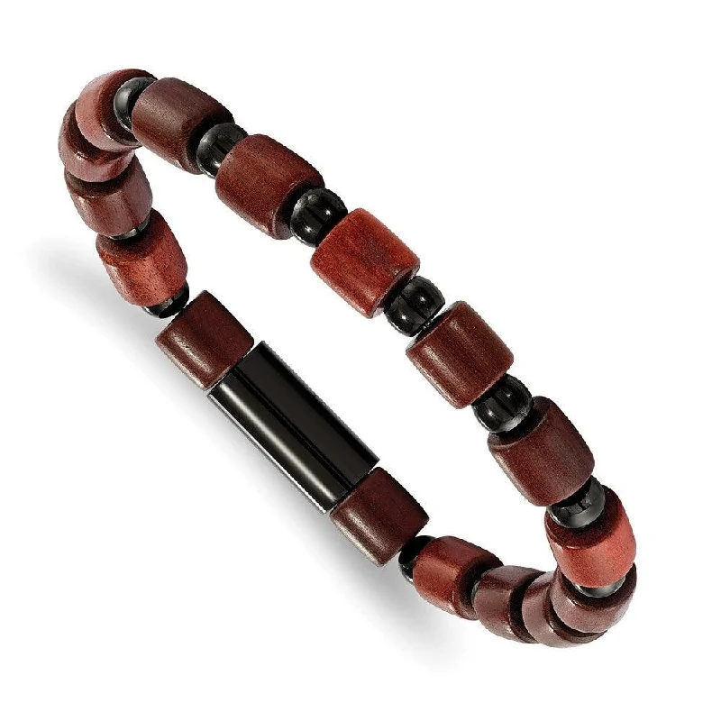 ladies bracelets chic-Stainless Steel Polished Black IP-plated w/Wooden Beads Stretch Bracelet